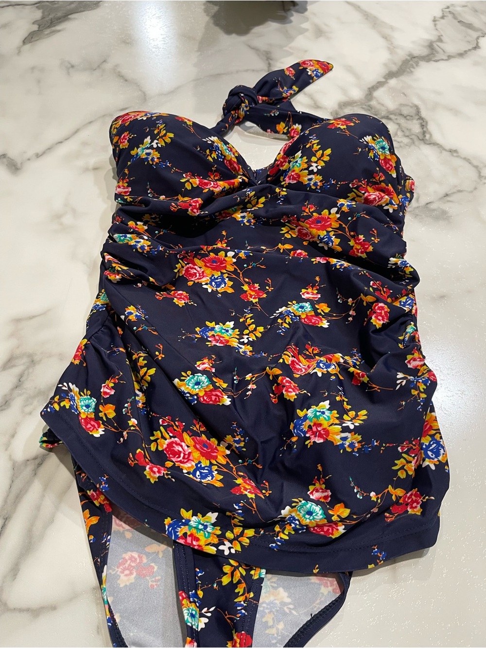 Navy Floral Halter One-Piece Swimsuit